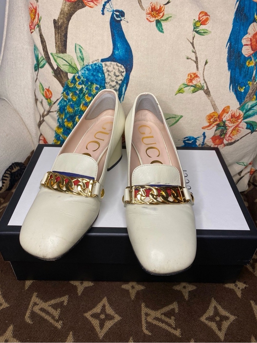 Gucci Sylvie Web Block Mid Heel Loafer Pump Off-White Size 36.5 (EU)
